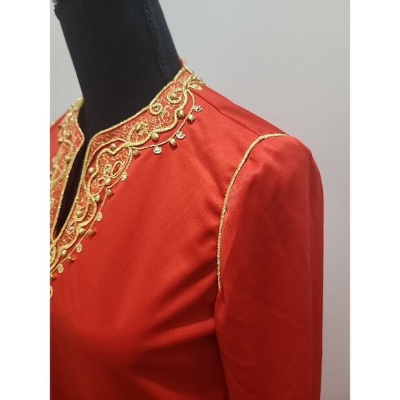 Vintage Embroidered Beaded Red & Gold Dress Gown by Jeannene Booher 80's Elegant - Picture 4 of 13